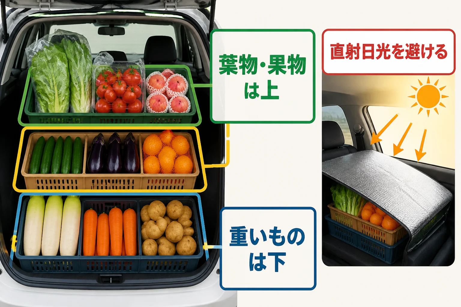 野菜・果物の圧迫防止と車内対策を視覚化する