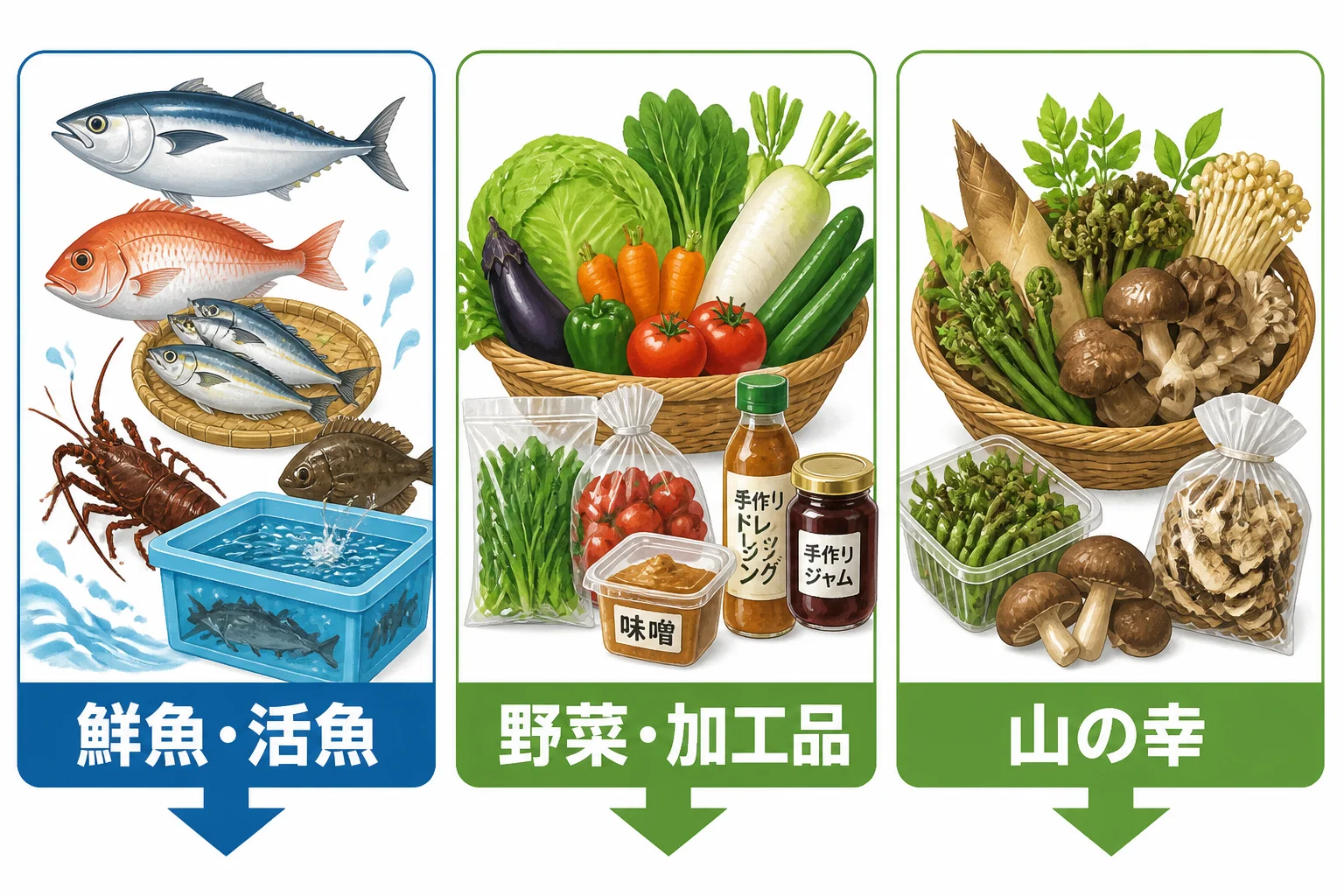 朝市ごとの主な取扱品を視覚的に整理する