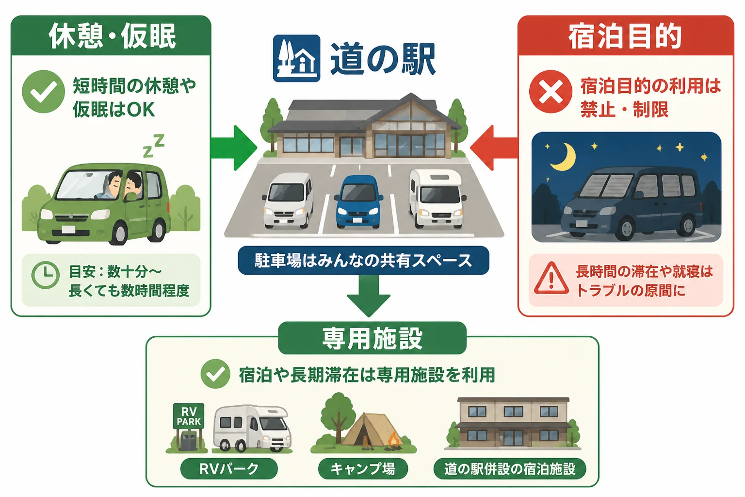 仮眠、宿泊目的、RVパークなど専用施設の違いを視覚化する。