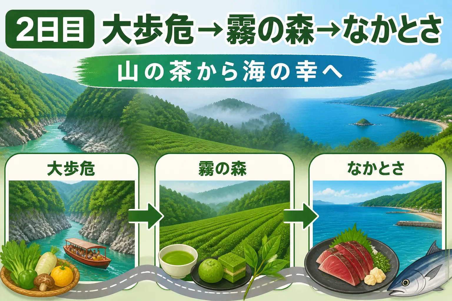 山間部から海辺へ移る2日目のテーマと施設順を伝える。