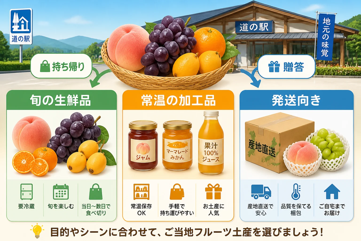 生鮮品・加工品・発送の選び分けを視覚的に整理する。