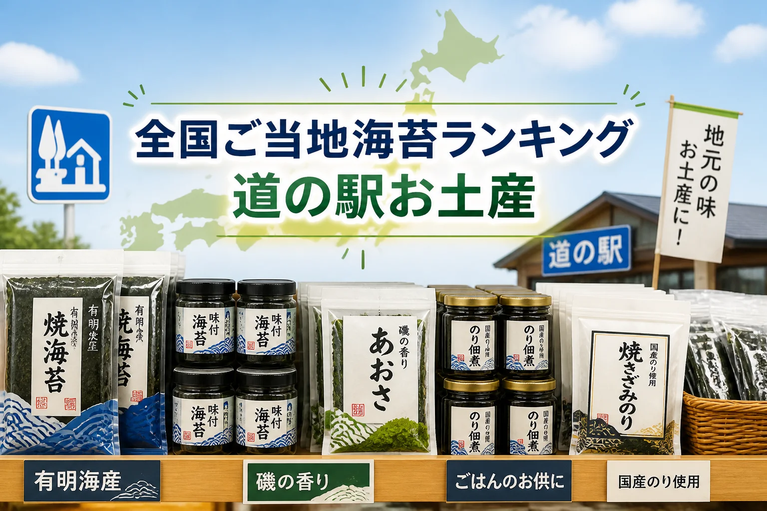 全国の道の駅で買えるご当地海苔のお土産記事だと一目で伝える。