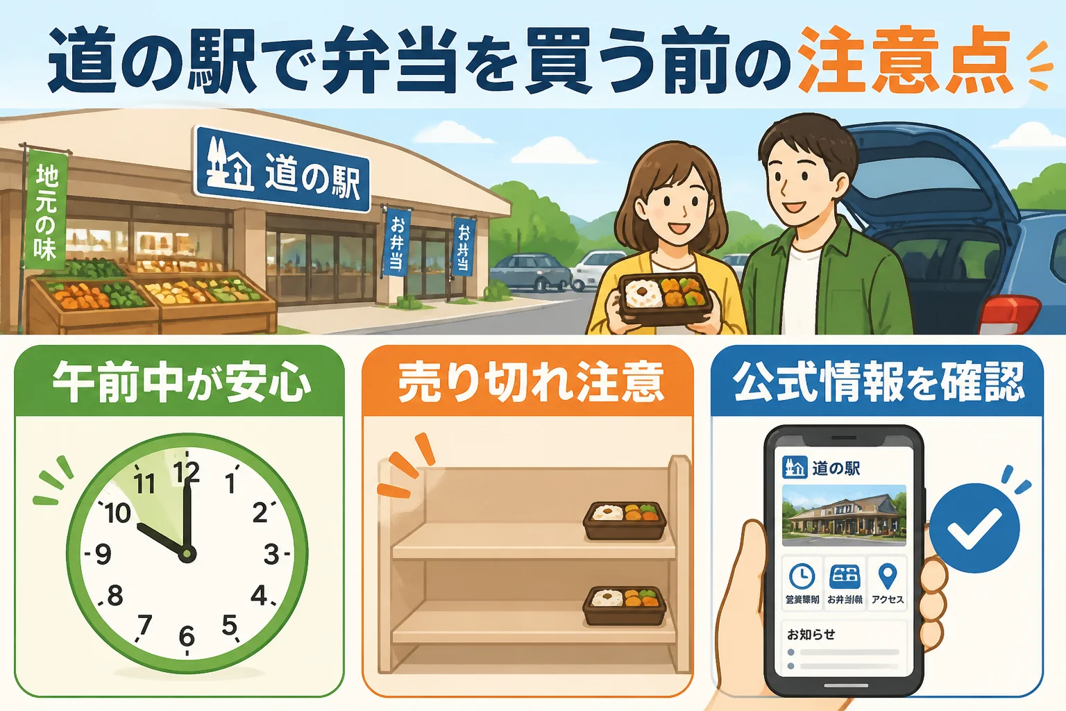 弁当の販売時間や売り切れ、営業時間変更への注意を伝える。