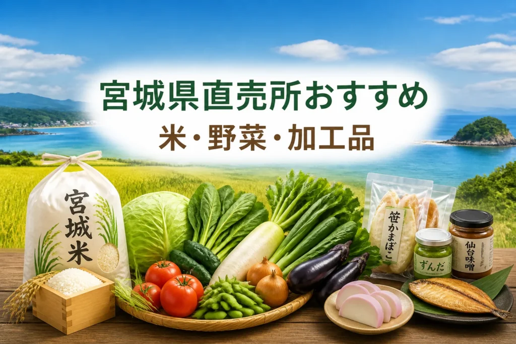 宮城県の地域別直売所紹介であることと、比較対象の中心品目を一目で伝える。
