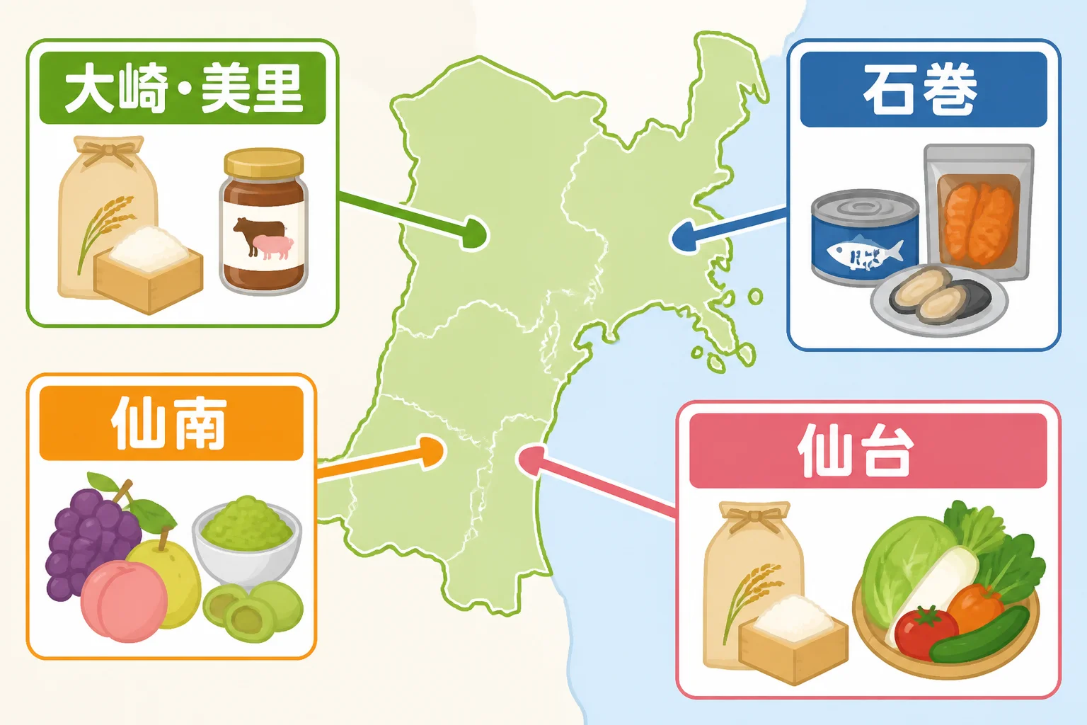 宮城県内の地域ごとの品ぞろいの違いを直感的に理解してもらう。
