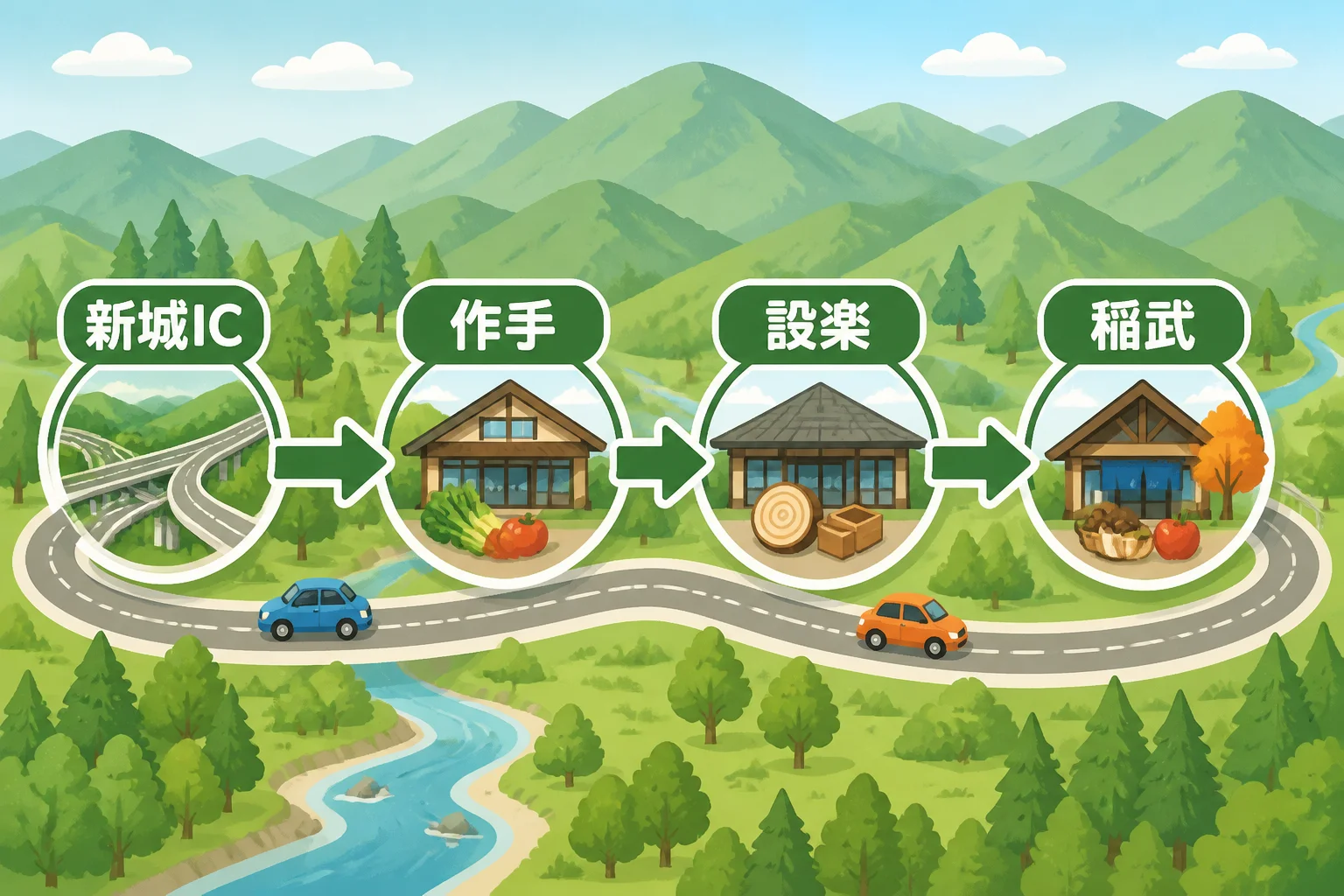 4施設を巡る順番と地域の広がりを視覚的に補足する