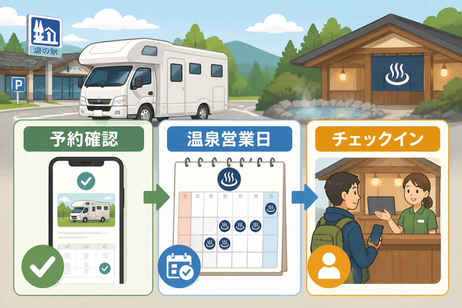 訪問前にRVパークと温泉の営業条件を確認する重要性を伝える