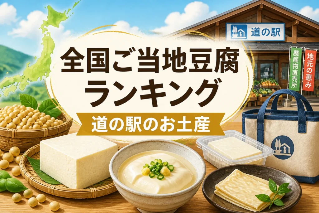 検索結果やSNSで、全国の道の駅で買えるご当地豆腐ランキングの記事だと一目で伝える。
