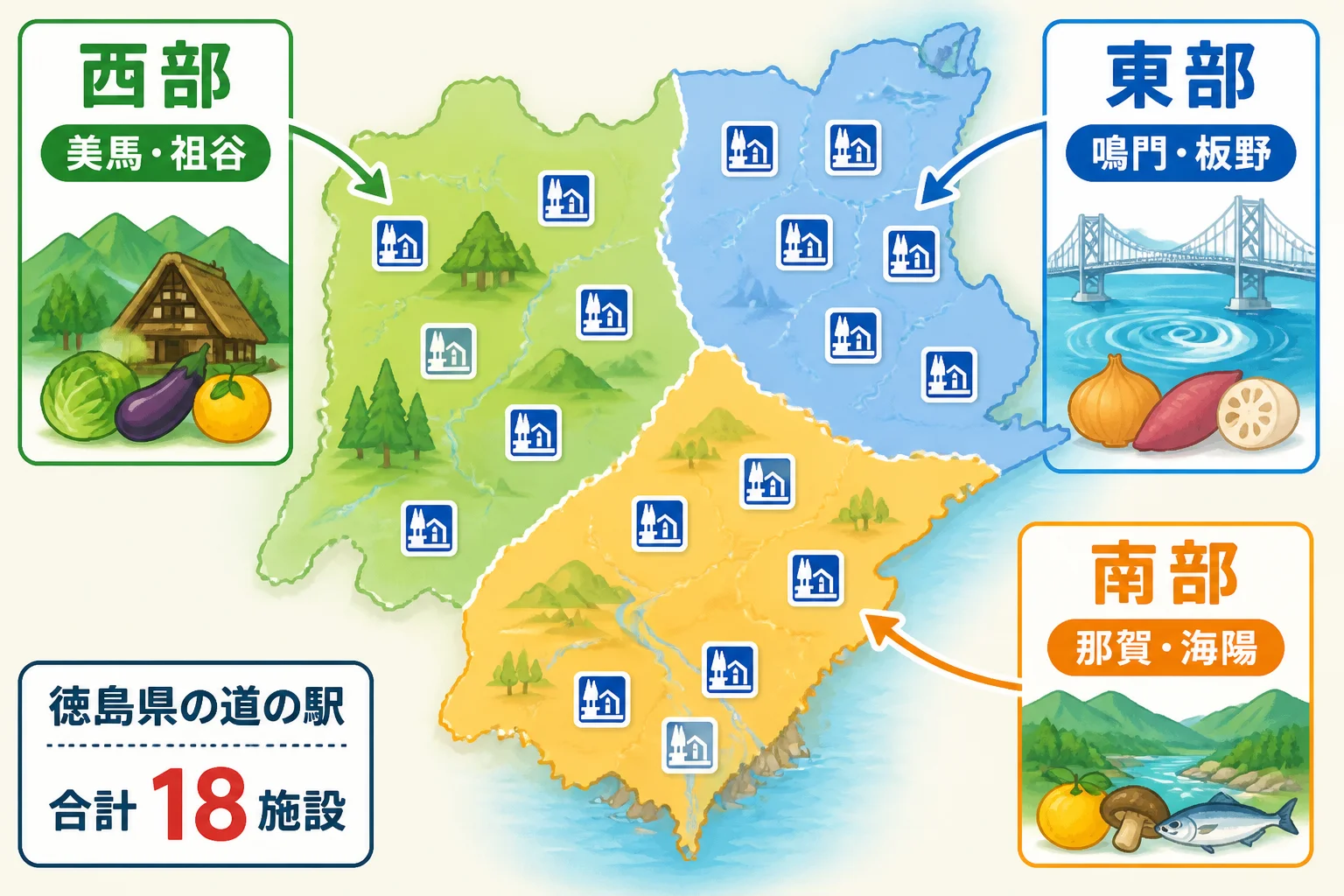 徳島県内18施設のエリア分布を直感的に理解できるようにする。