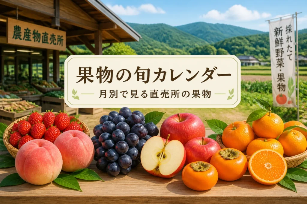 記事テーマである果物の旬と直売所を一目で伝える