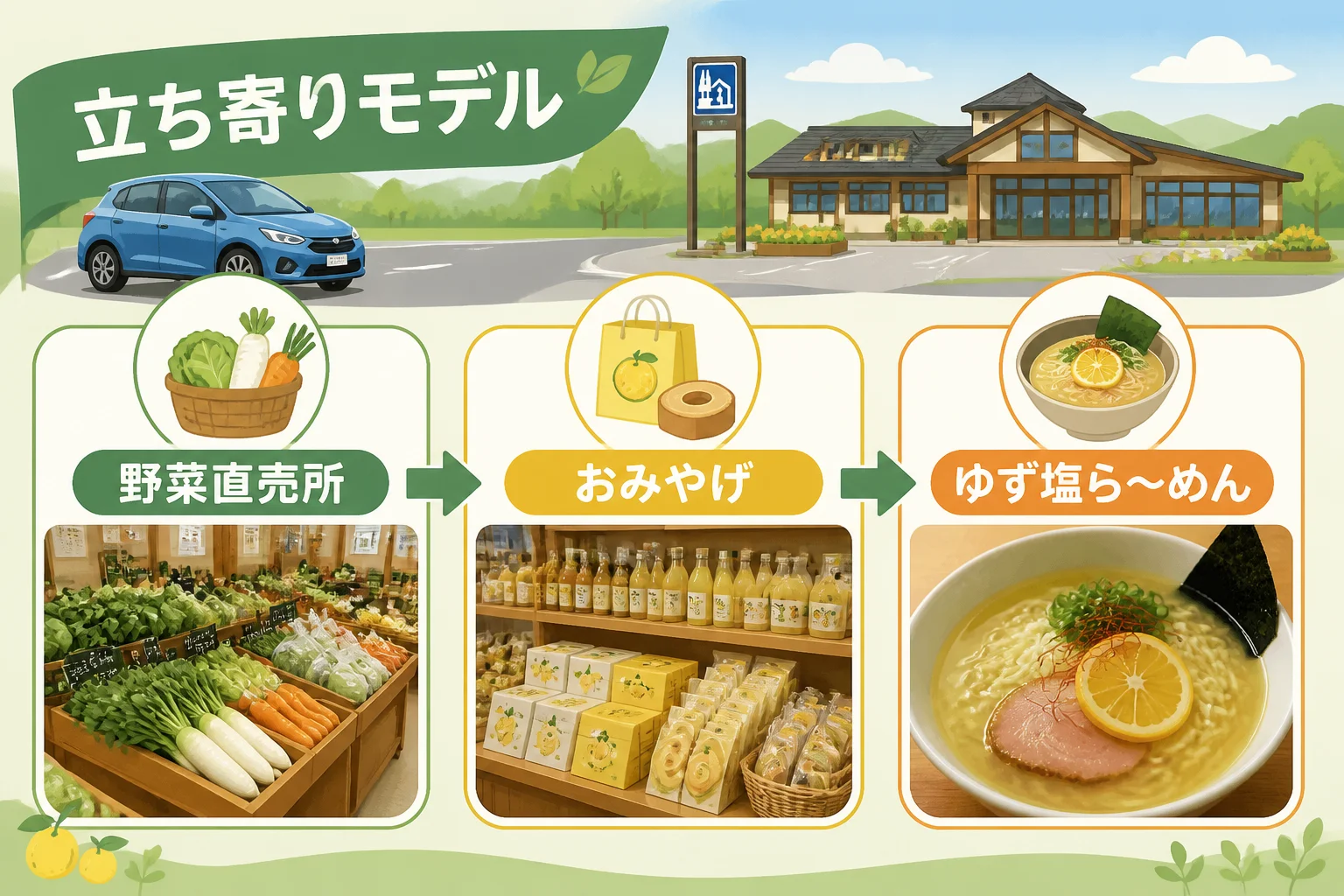 買い物・食事・休憩を組み合わせた訪問順を伝える。