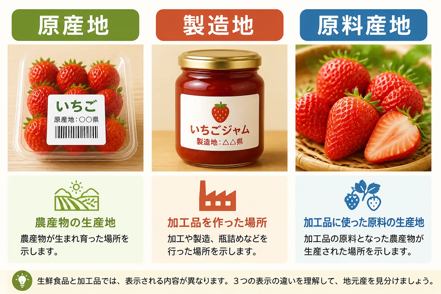 原産地・製造地・原料原産地の違いを理解しやすくするため