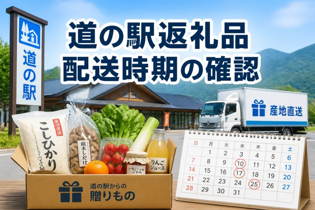 検索結果やSNSで、道の駅返礼品の配送時期を解説する記事だと一目で伝えるため