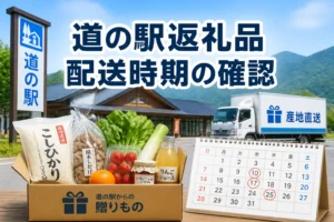 検索結果やSNSで、道の駅返礼品の配送時期を解説する記事だと一目で伝えるため