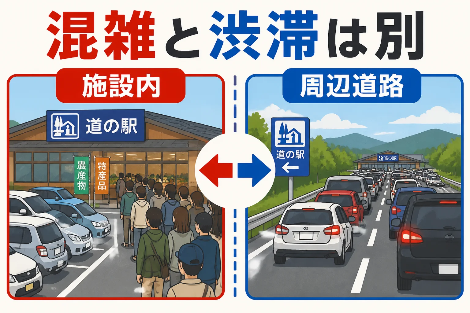 施設内の混雑と周辺道路の渋滞を分けて考える重要ポイントを説明する