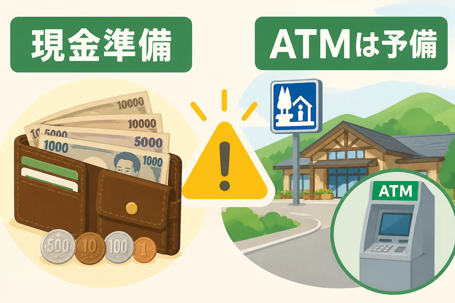 ATMが使えない場合に備えて現金を準備する重要性を伝える