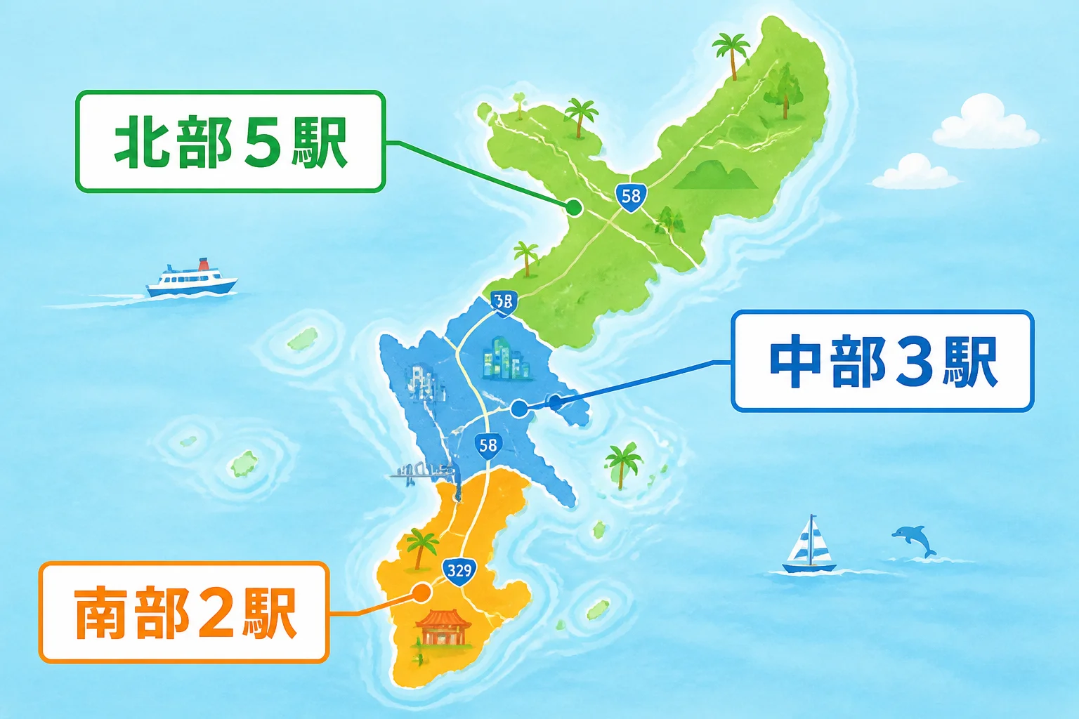 沖縄県内10駅のエリア分布を視覚的に整理するため
