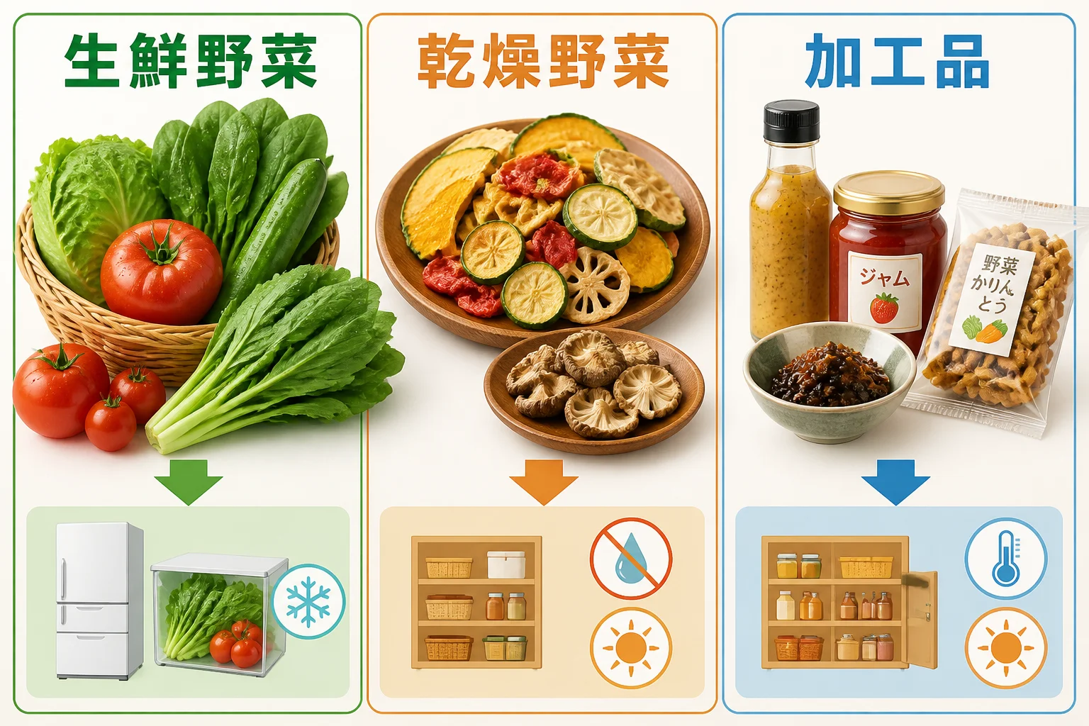 生鮮・乾燥・加工品の違いを直感的に理解してもらう。