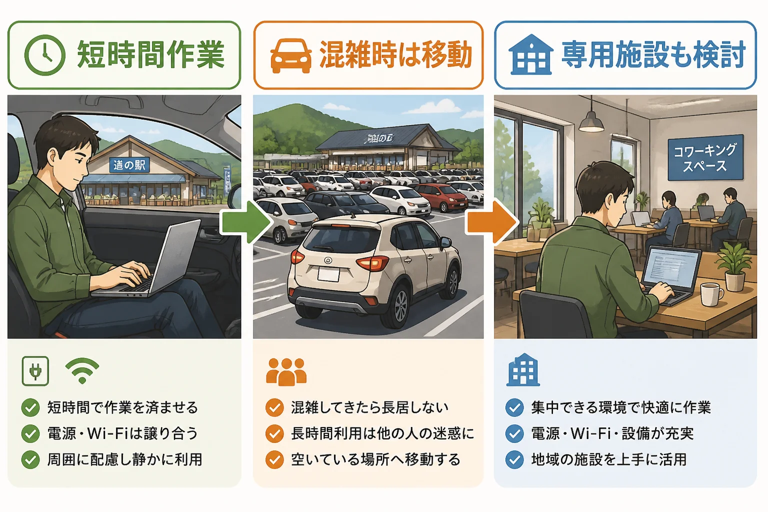 道の駅と仕事専用施設の使い分けを説明する