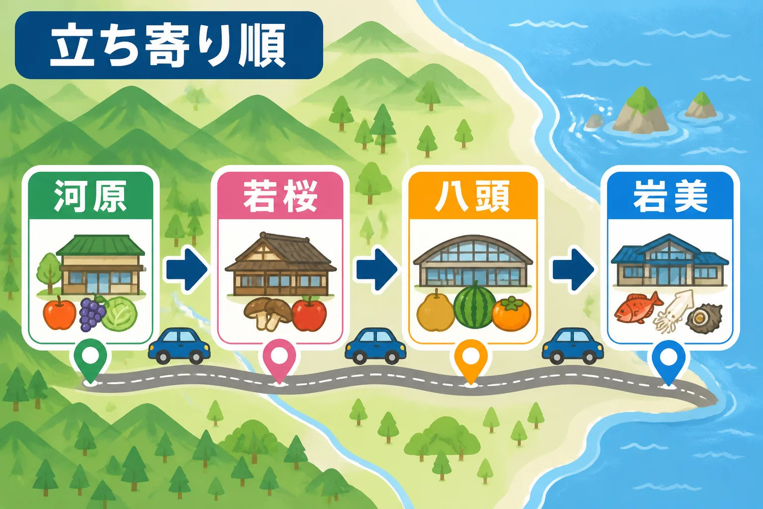 4施設の順番と山側から海側へ移動する流れを視覚化する。