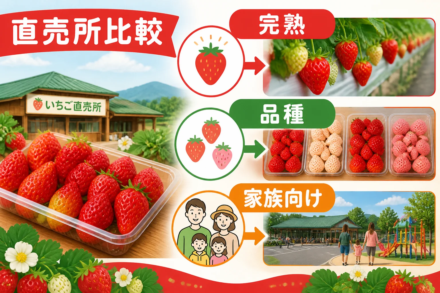 施設ごとの違いを、完熟重視・品種重視・家族利用の観点で補助的に示す。