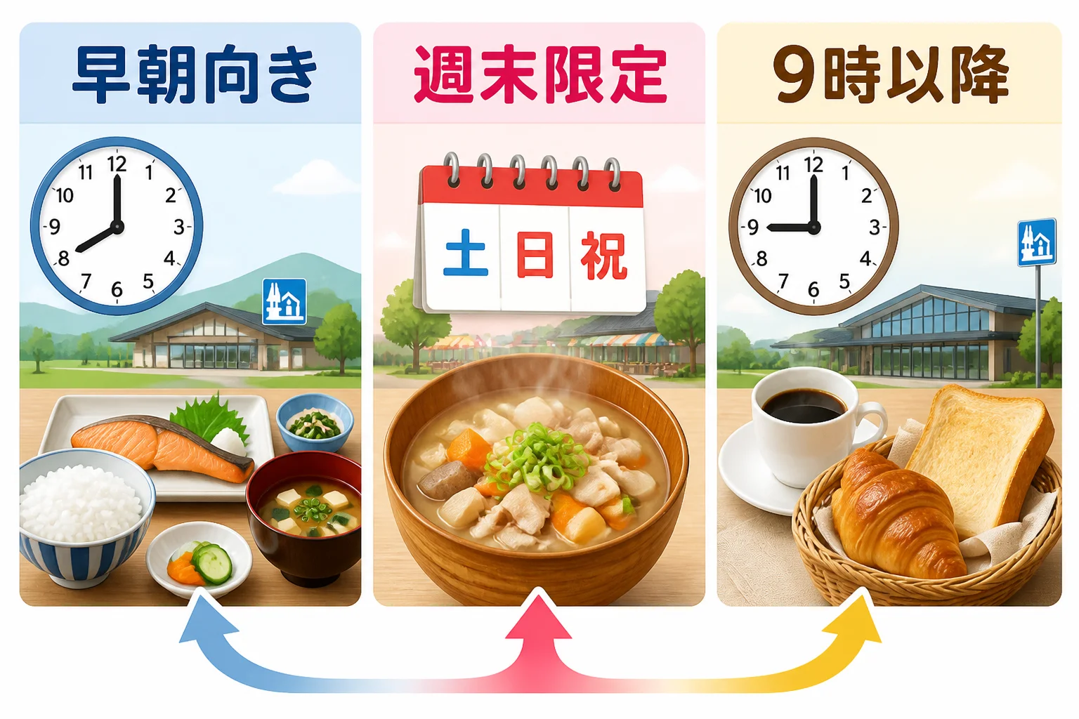 施設ごとに異なる朝食開始時間と曜日条件を直感的に示す。