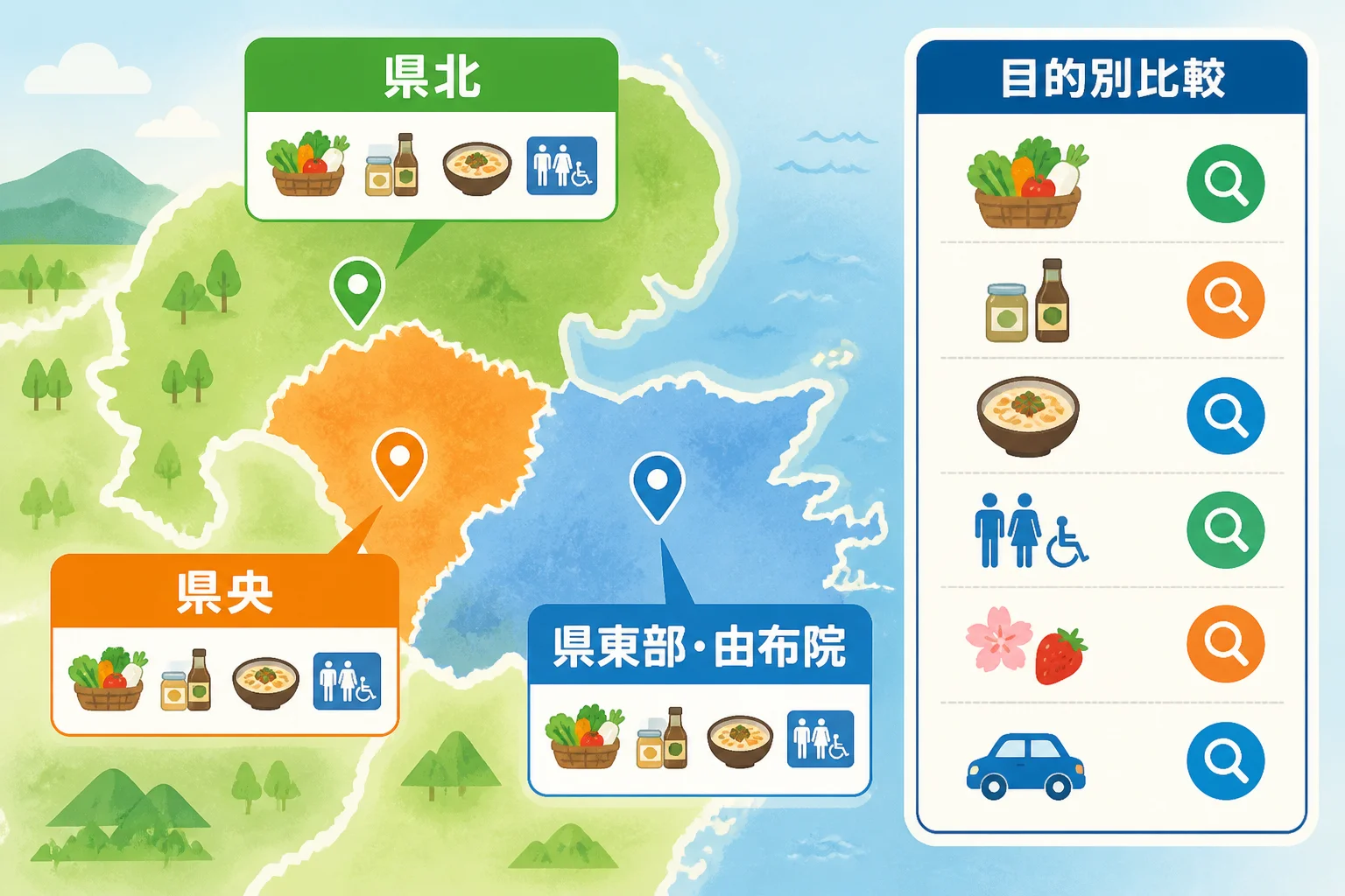 紹介施設の地域分布と比較視点を直感的に伝える