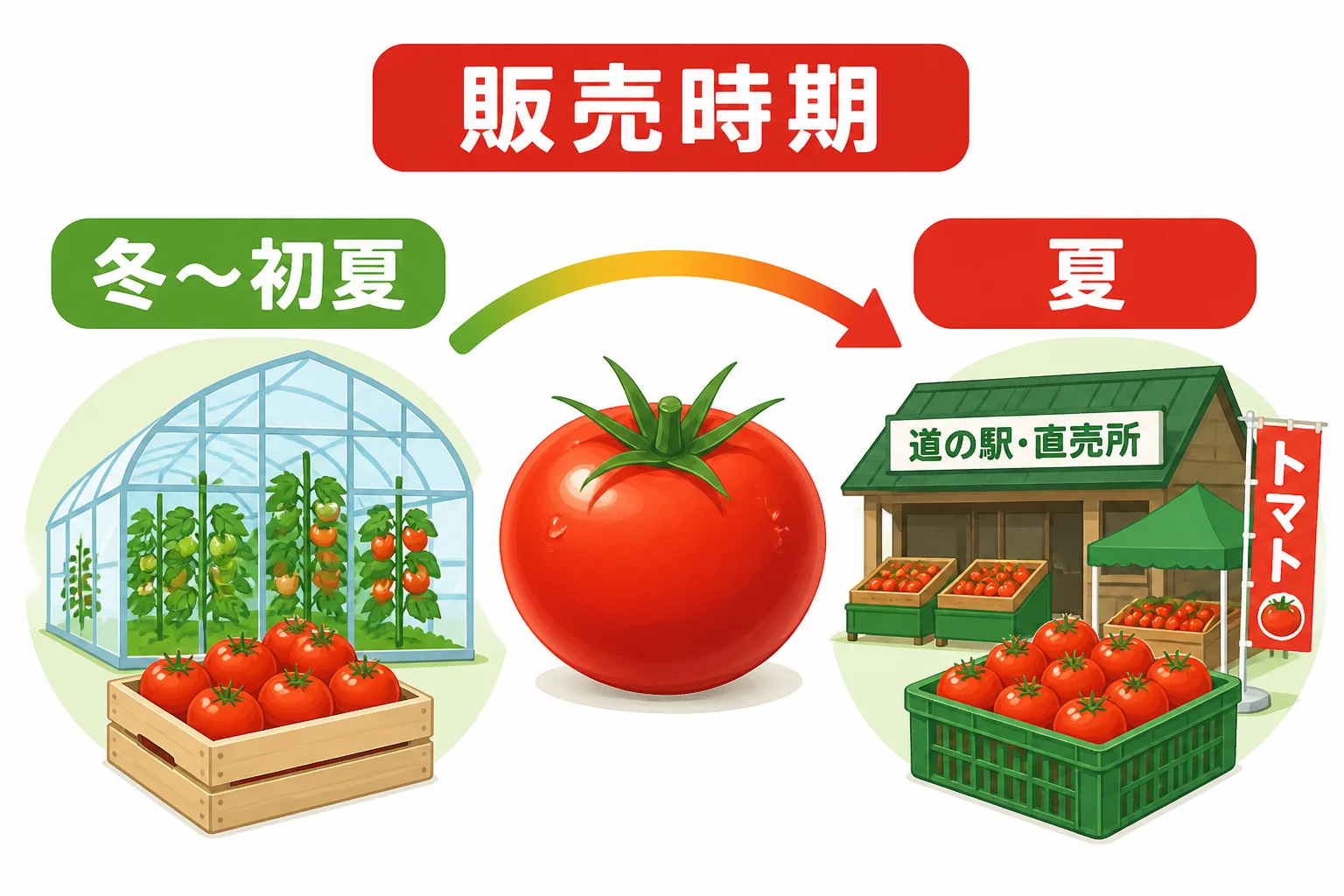 冬から初夏の温室栽培と夏の地域直売を視覚的に比較する