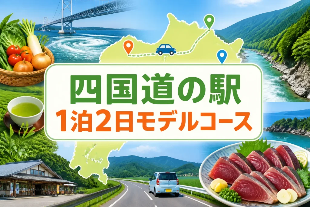 検索結果やSNSで、四国の道の駅を1泊2日で巡る記事だと直感的に伝える。