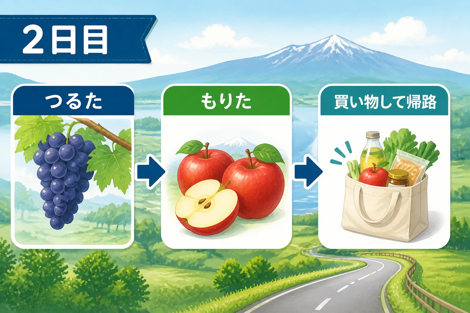2日目の買い物中心の流れを直感的に伝えるため。