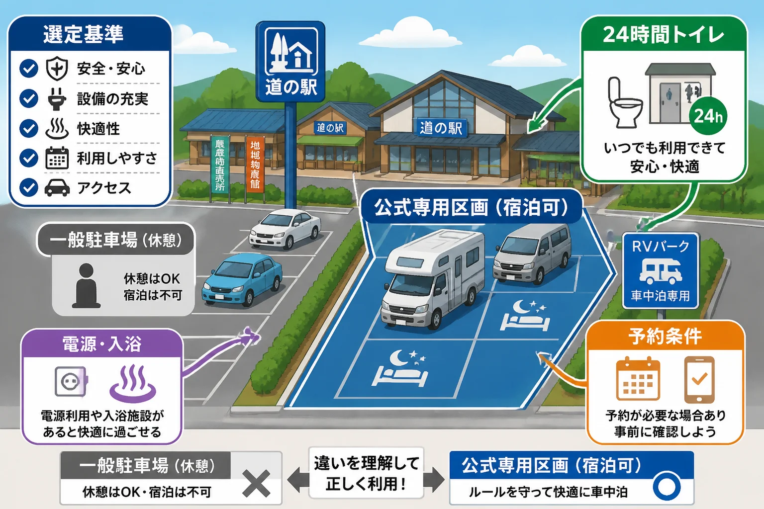 一般駐車場での休憩と公式に認められた車中泊区画の違いを図解する
