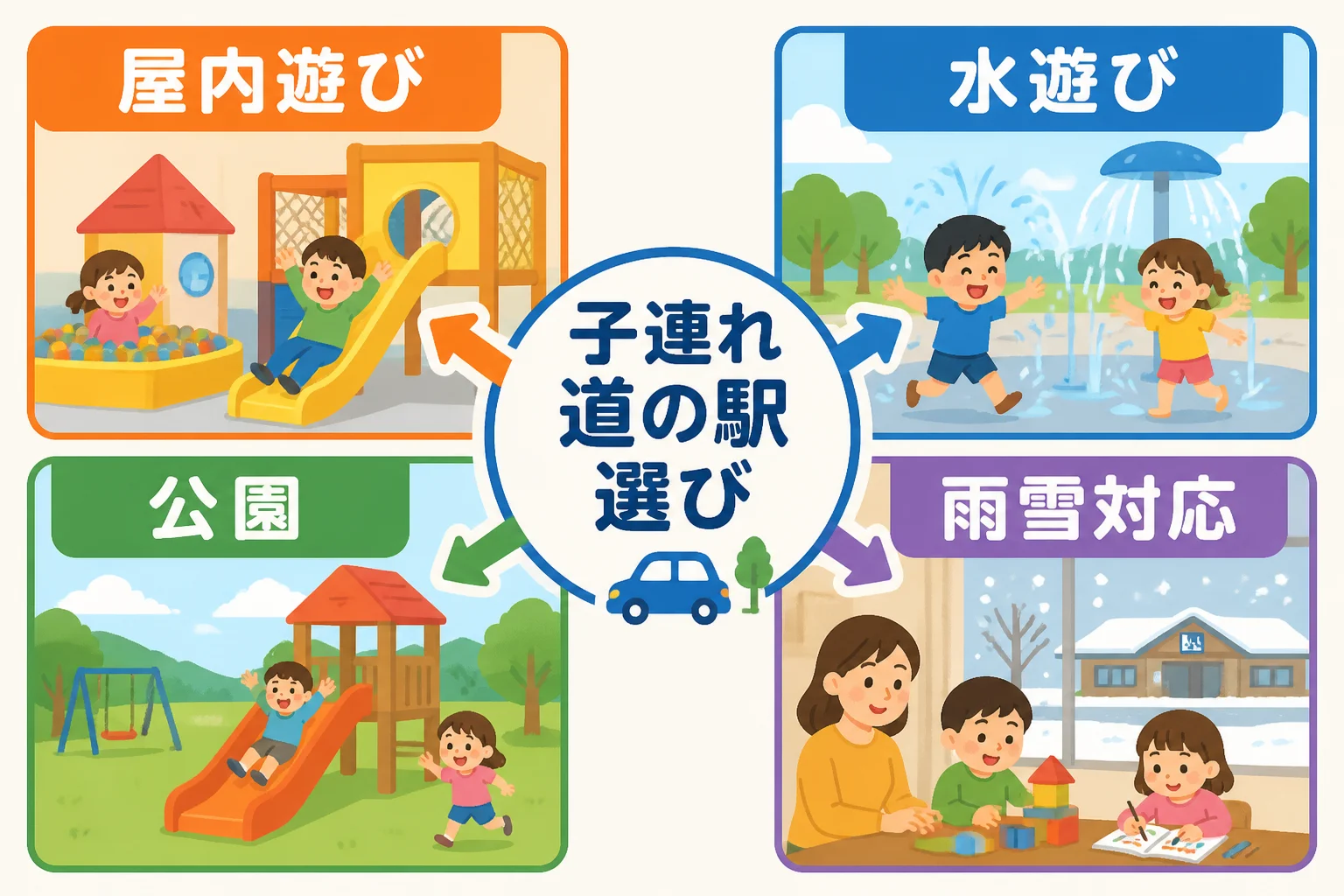 家族の目的や天候から施設を選ぶ考え方を図解する