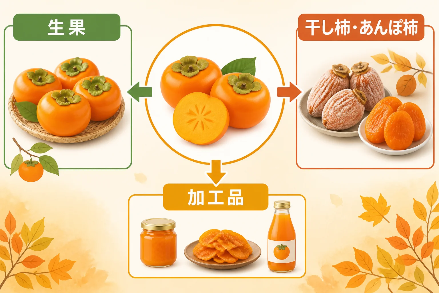 生果と加工品を別目的で探せることを説明する