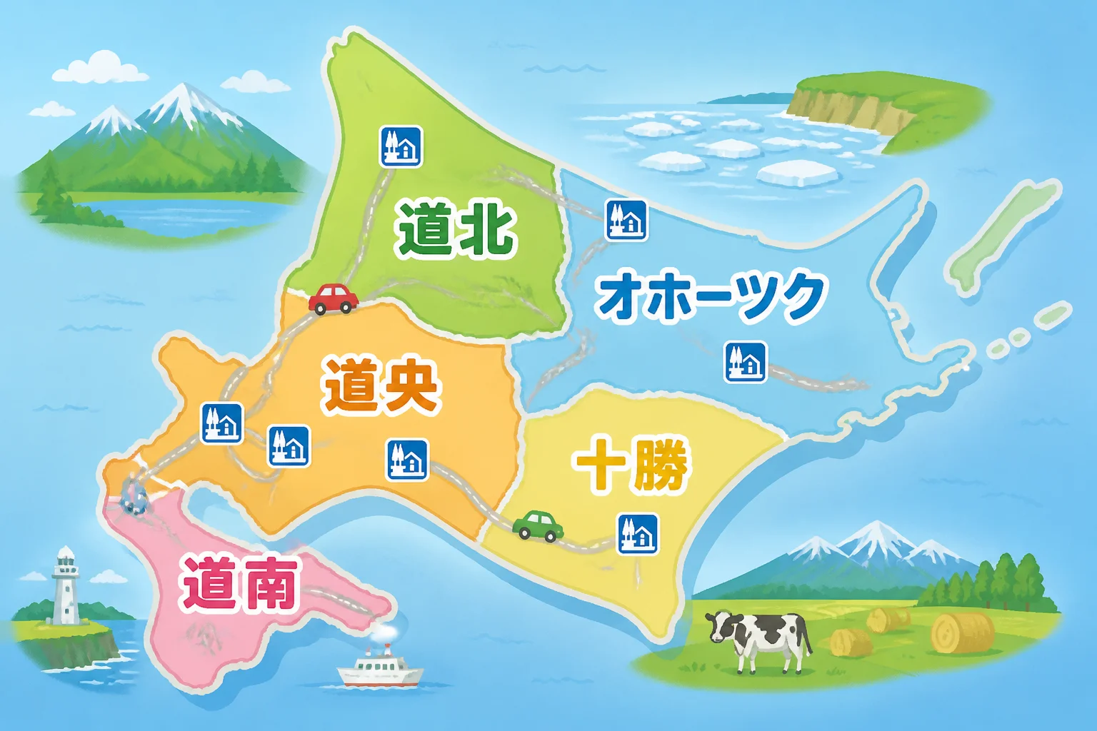 北海道を地域別に見て、道の駅の位置関係を把握しやすくする