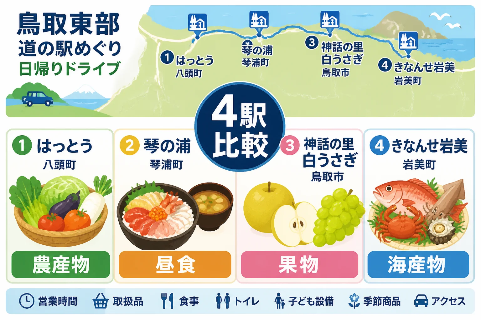 各施設の得意分野を比較し、立ち寄り目的を決めやすくする。
