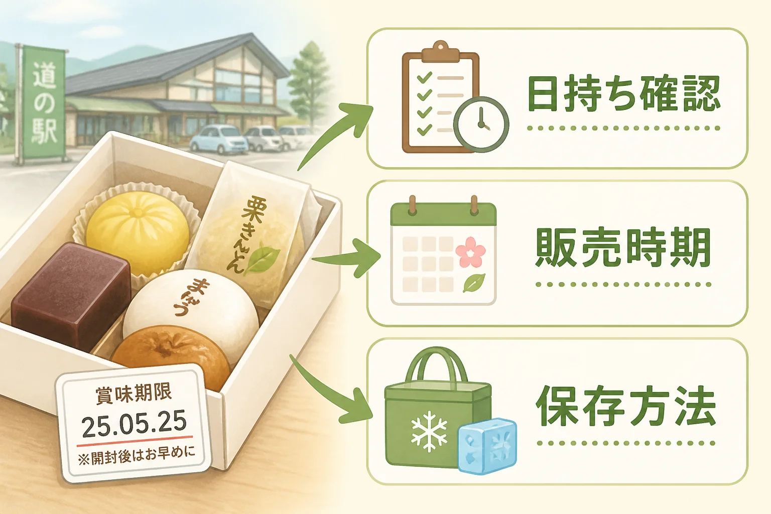 和菓子を遠方へ持ち帰る際の実用的な注意点を視覚化する。