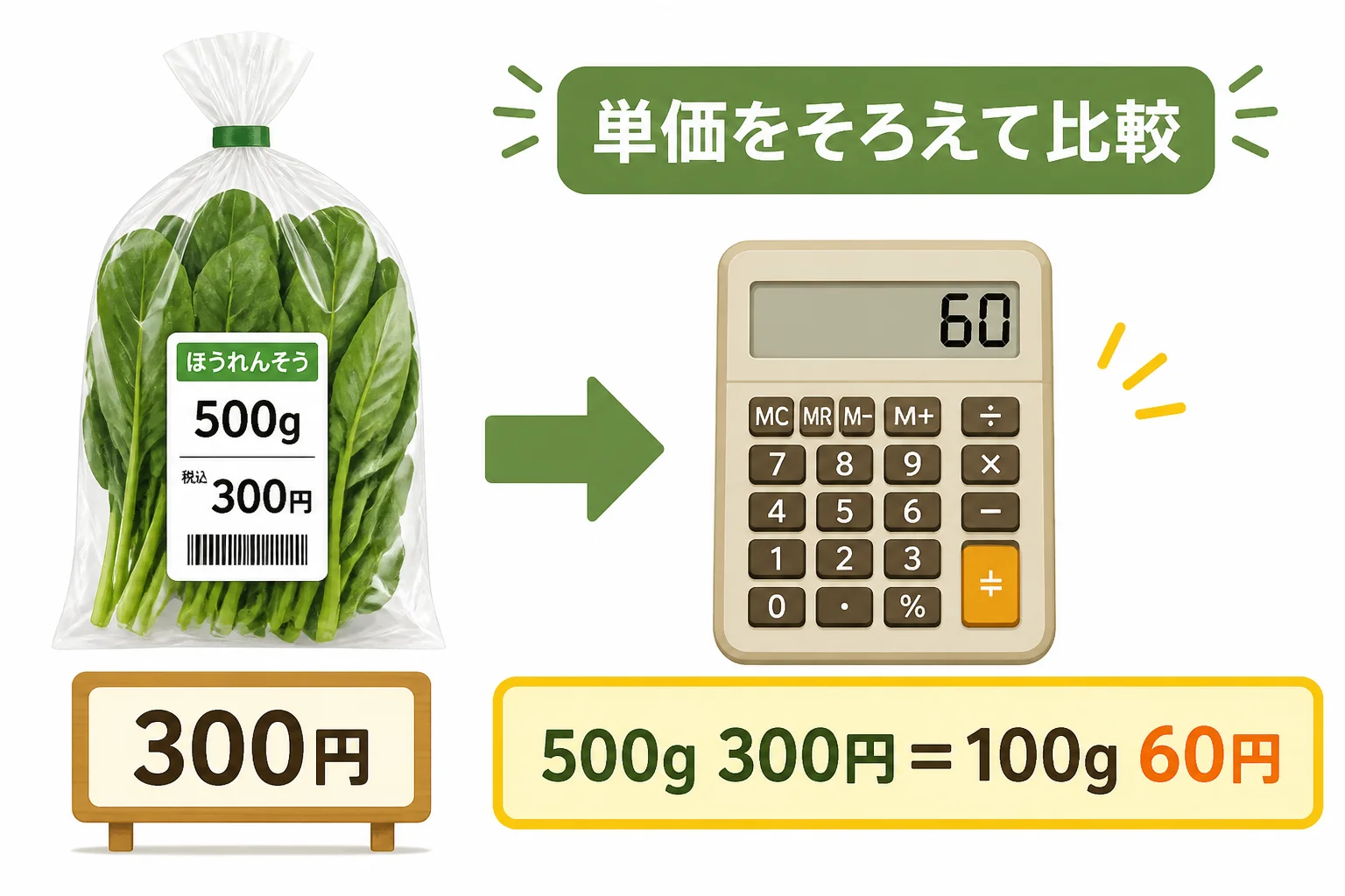 内容量が異なる商品の単価比較を具体例で示す