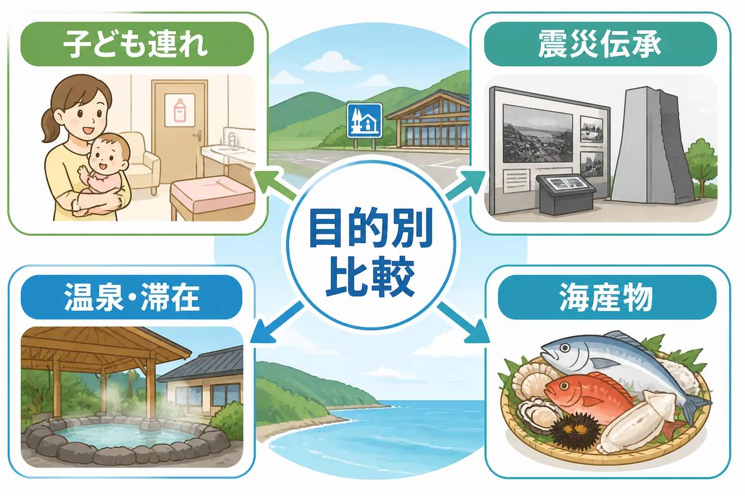 読者が自分の旅行目的から施設を選べるようにする。