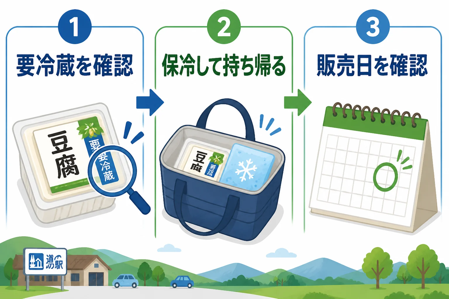 要冷蔵品の持ち帰り条件と、購入前に確認すべき事項を直感的に伝える。