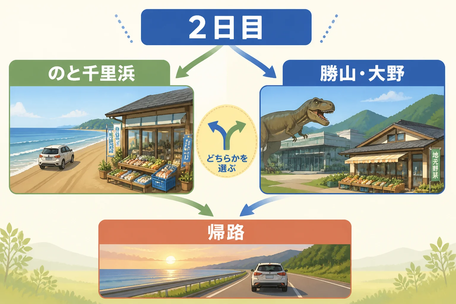 2日目の候補を比較し、全施設を無理に詰め込まない考え方を伝える