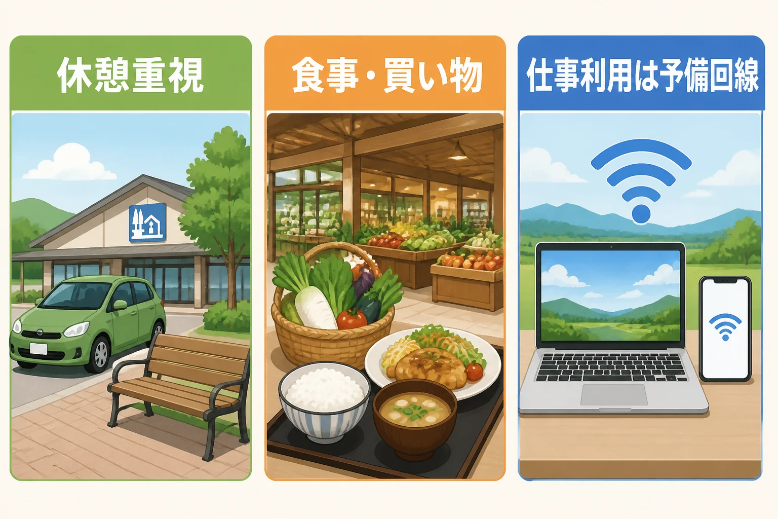 利用目的によって適した道の駅の選び方が変わることを視覚的に伝える。