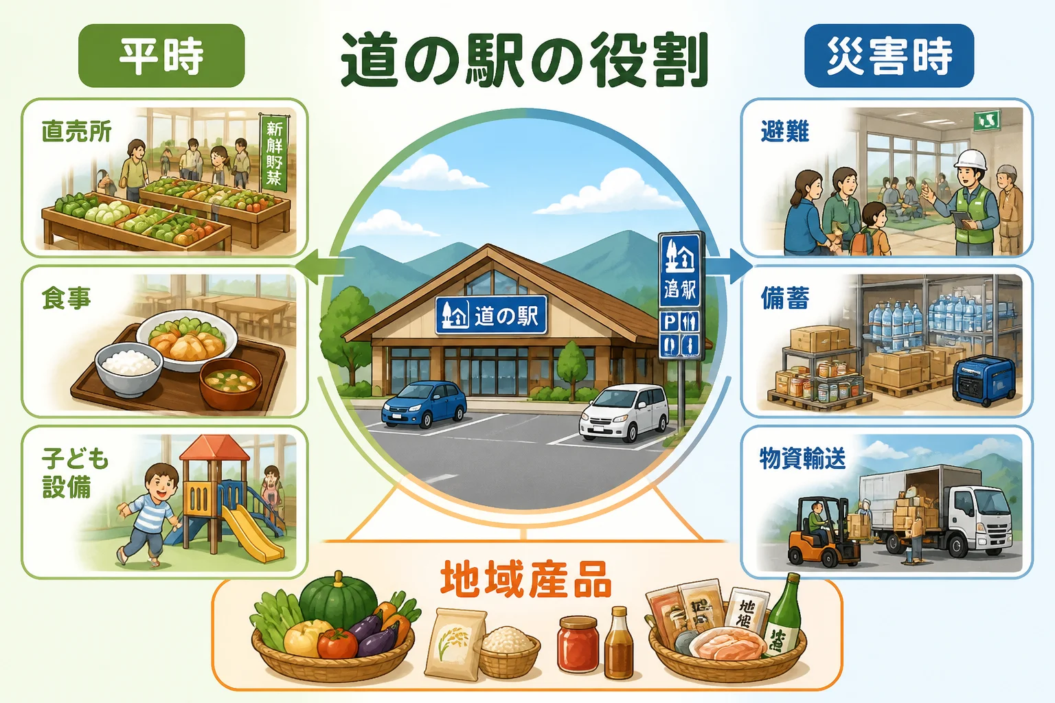道の駅が平時の地域拠点と災害時の防災拠点を兼ねることを説明する。