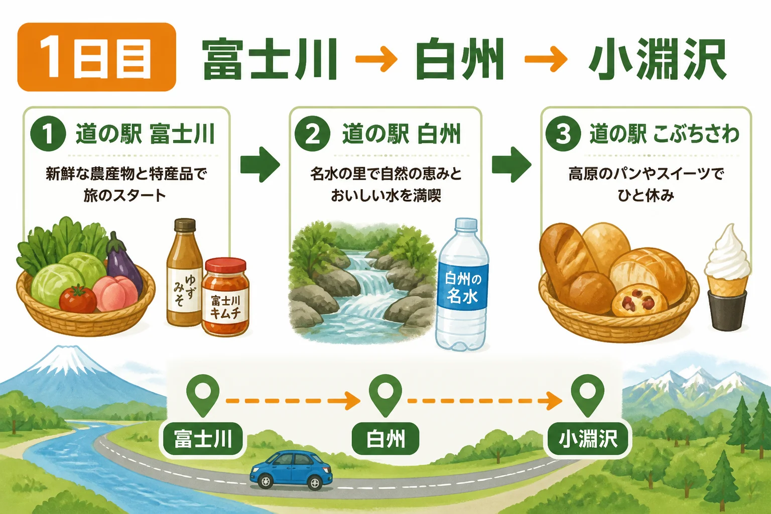 1日目の移動順と立ち寄り目的を視覚化するため