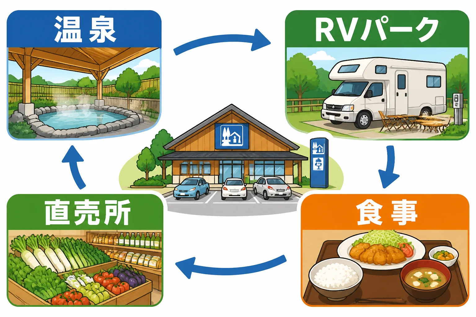 施設内で温泉とRVパークを組み合わせて利用するイメージを補足する
