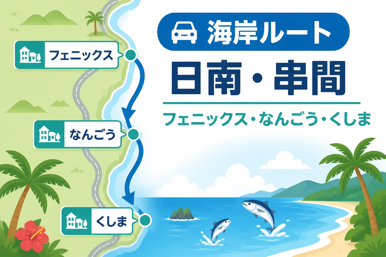 日南海岸ルートで道の駅を組み合わせる考え方を図解する。