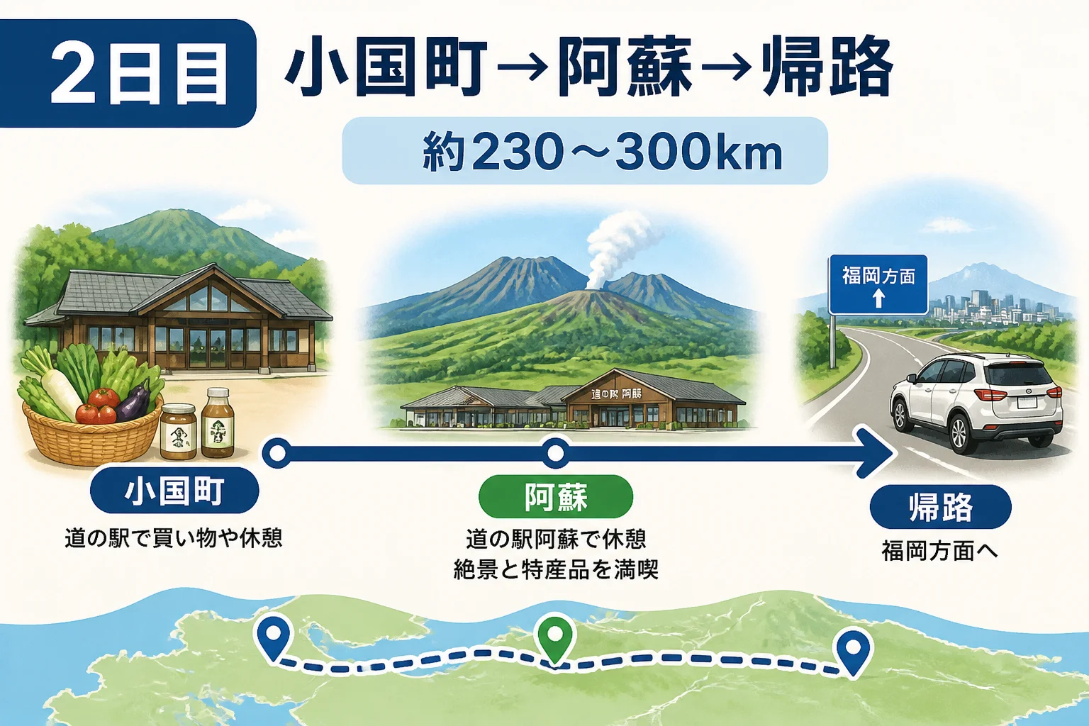 2日目の移動距離と阿蘇滞在を視覚化する