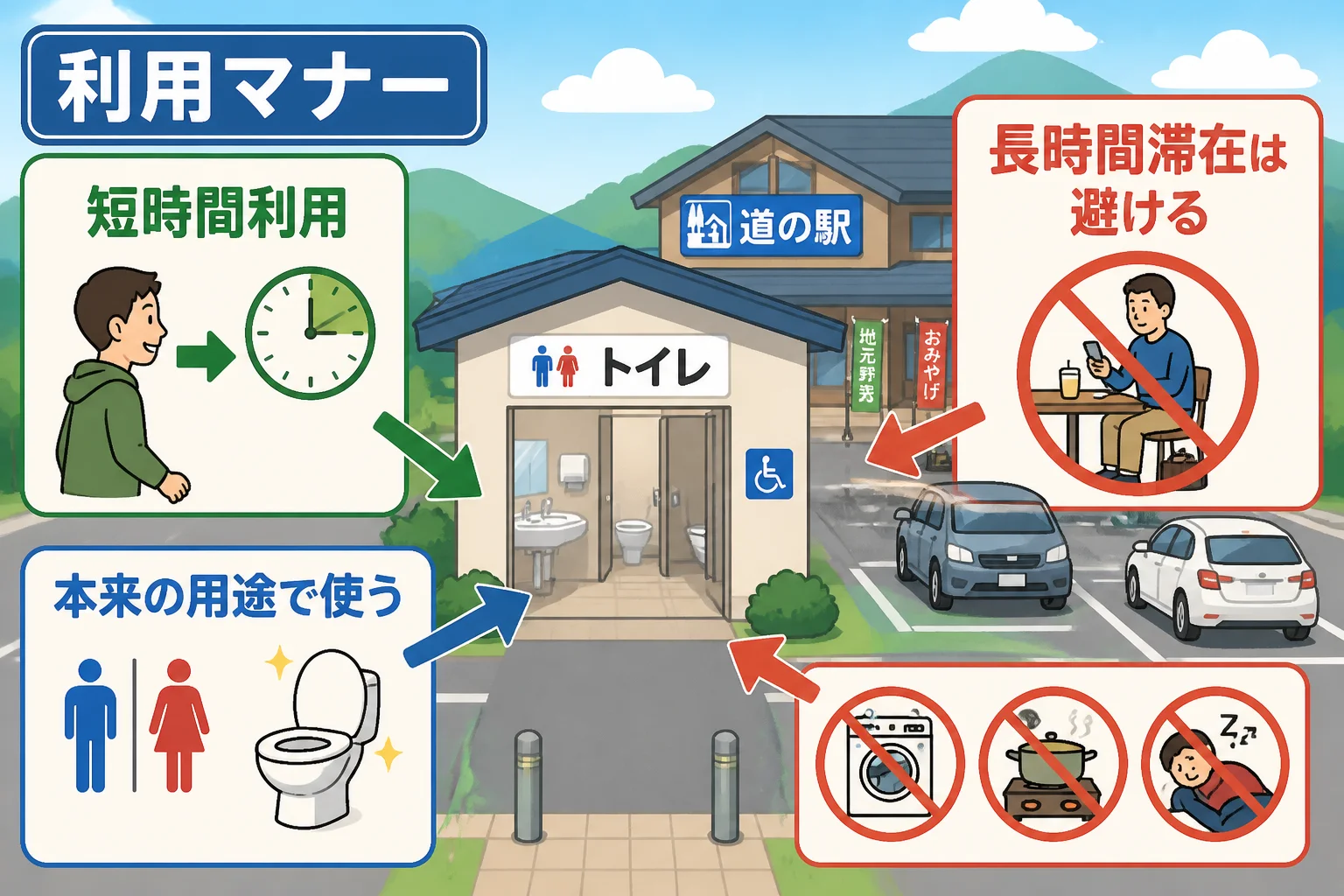トイレだけの利用と、避けるべき長時間占有・設備の目的外利用を区別して伝えるため。