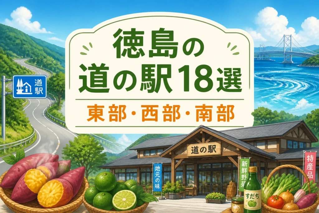 徳島県内の道の駅一覧記事であることと、県内を3エリアで比較する記事構成を視覚的に伝える。