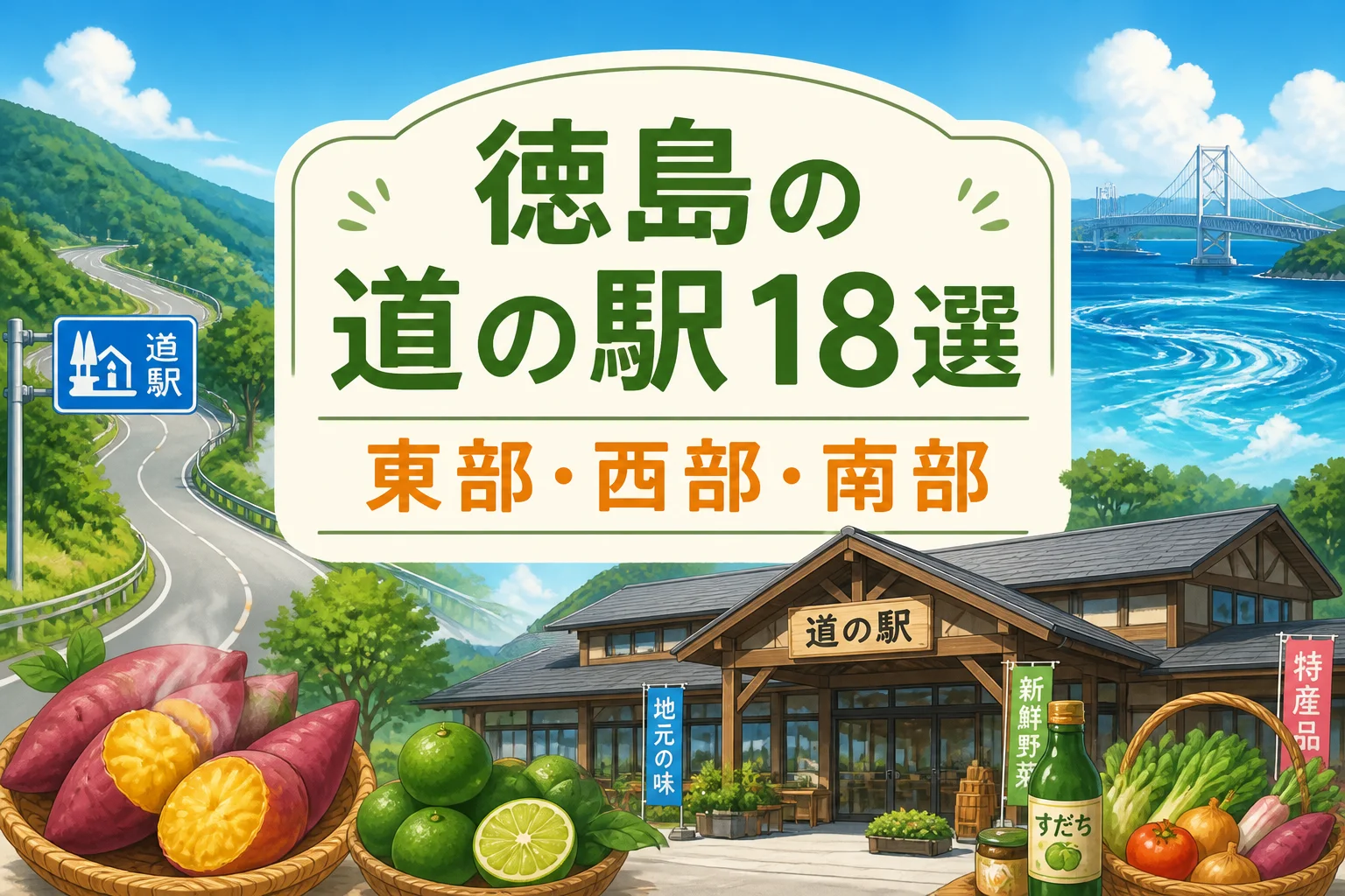 徳島県内の道の駅一覧記事であることと、県内を3エリアで比較する記事構成を視覚的に伝える。