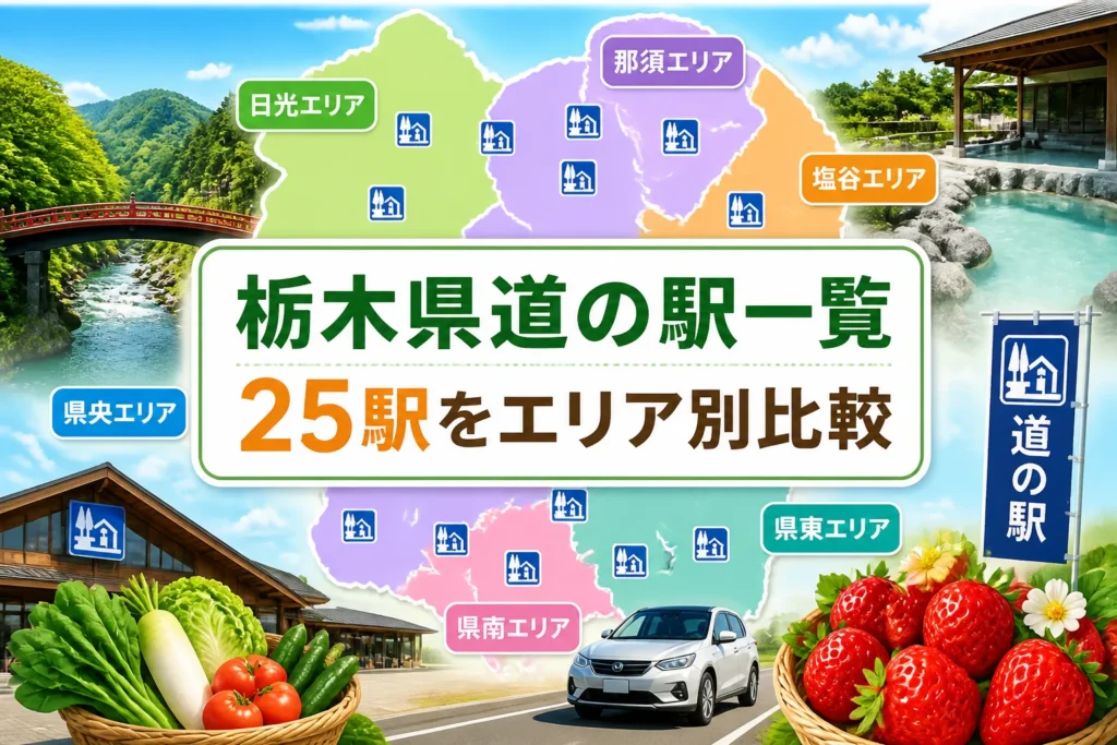 栃木県内25カ所の道の駅をエリア別に比較する記事の内容を一目で伝える。